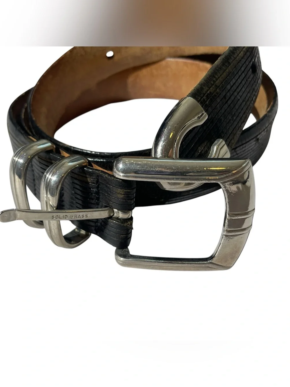 Cale Black Leather Western Silver Brass Tip And Buckle Belt Mens Sz 36 Spain